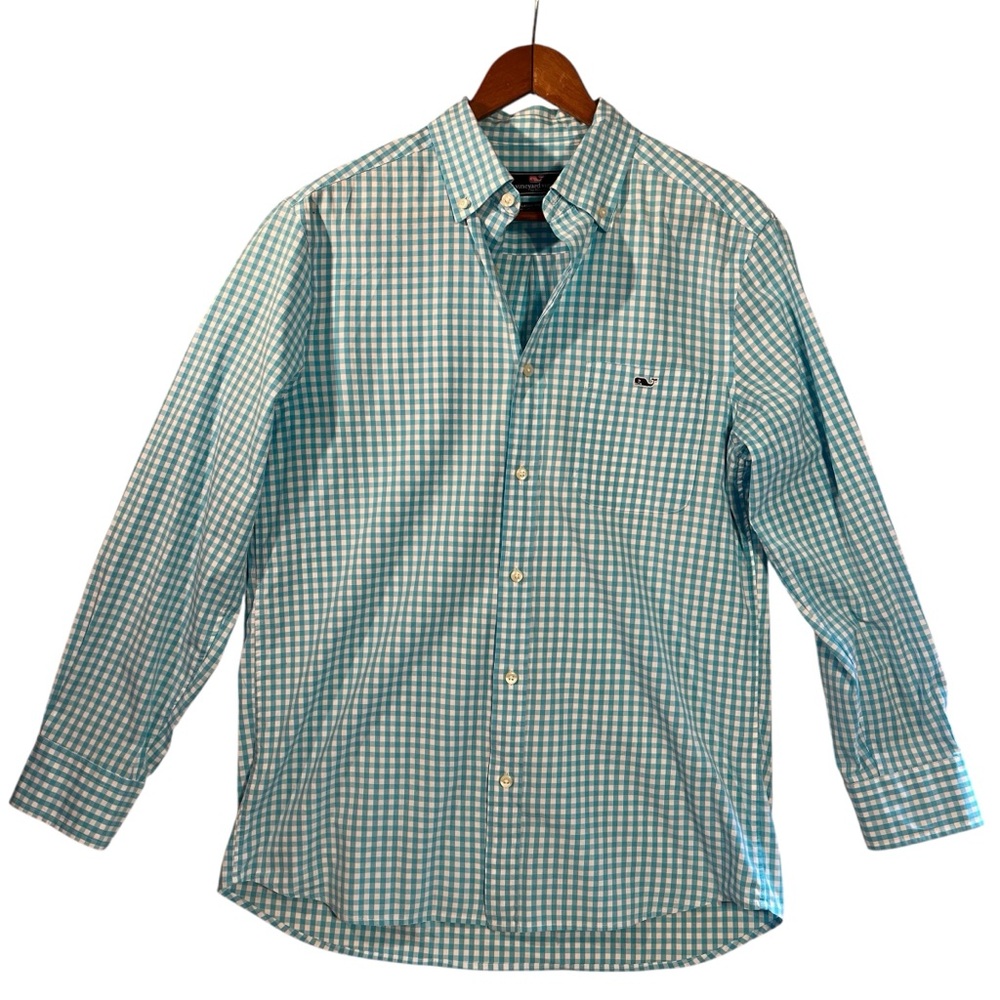 Vineyard Vines Men's Long Sleeve Cotton Teal & White Check Sz Small
